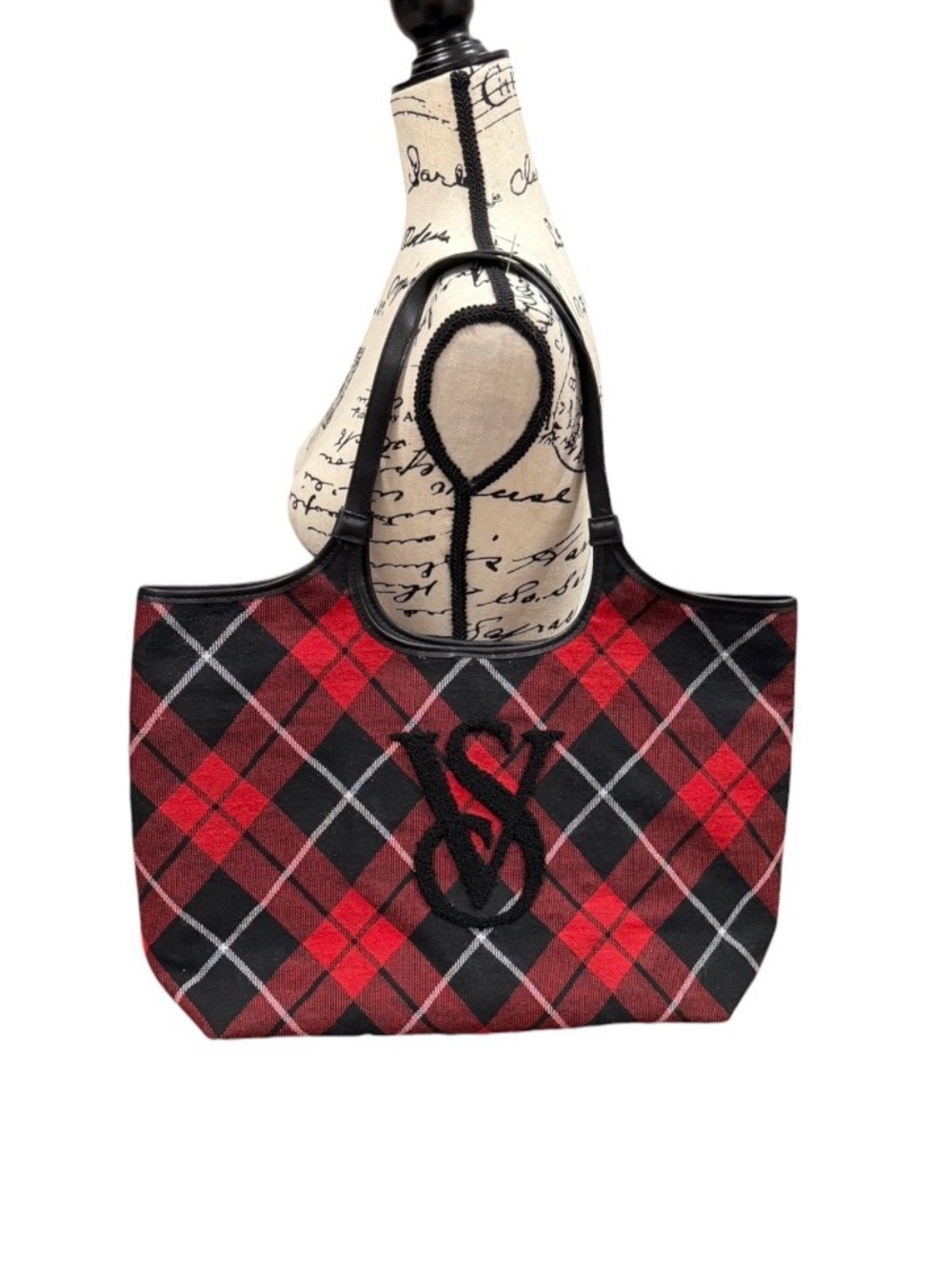 Victoria's Secret large red & black plaid flannel tote bag